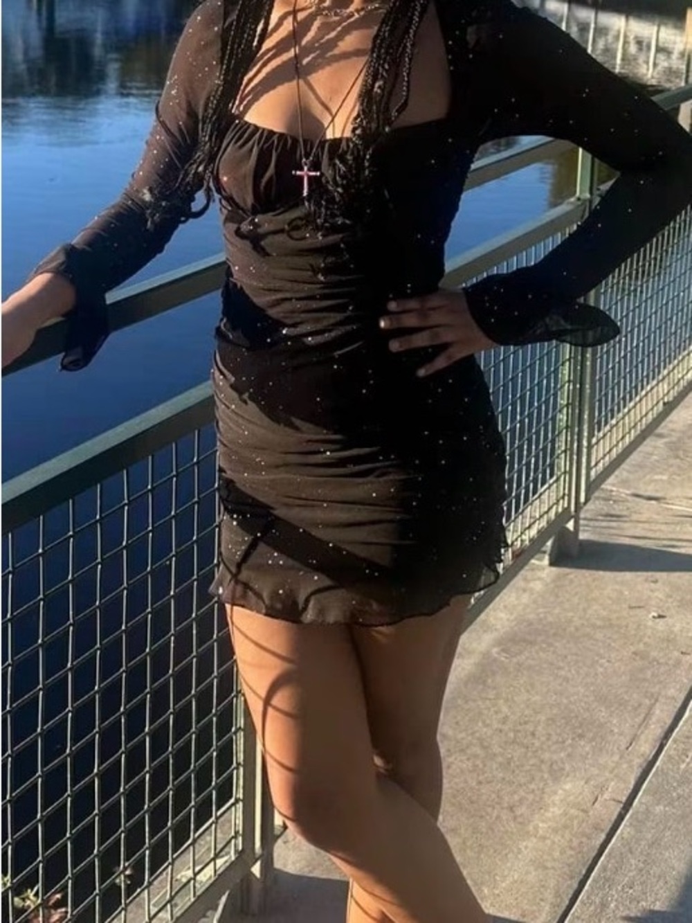Sparkle Sheer-Sleeve Black Mini Dress